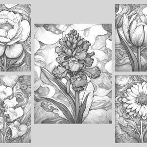 May include: Five black and white line drawings of different flowers. Each flower is surrounded by a swirling background.