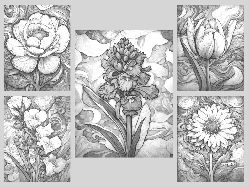 May include: Five black and white line drawings of different flowers. Each flower is surrounded by a swirling background.