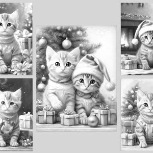 May include: A collection of five black and white illustrations featuring kittens in holiday settings. The images depict kittens wearing sweaters or Santa hats, surrounded by wrapped gift boxes and decorated Christmas trees in various festive scenes.