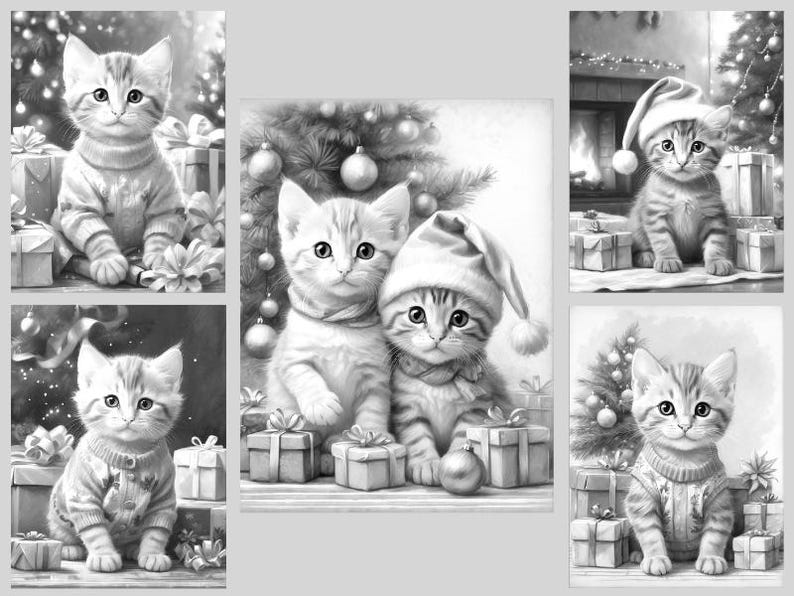 May include: A collection of five black and white illustrations featuring kittens in holiday settings. The images depict kittens wearing sweaters or Santa hats, surrounded by wrapped gift boxes and decorated Christmas trees in various festive scenes.