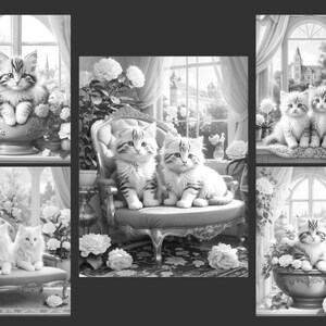 May include: A collage of five images featuring adorable kittens in various settings. The kittens are depicted in black and white, with some sitting in flower pots, on a chaise lounge, and in a regal armchair. The images are framed by windows with views of a lush garden and a distant castle.