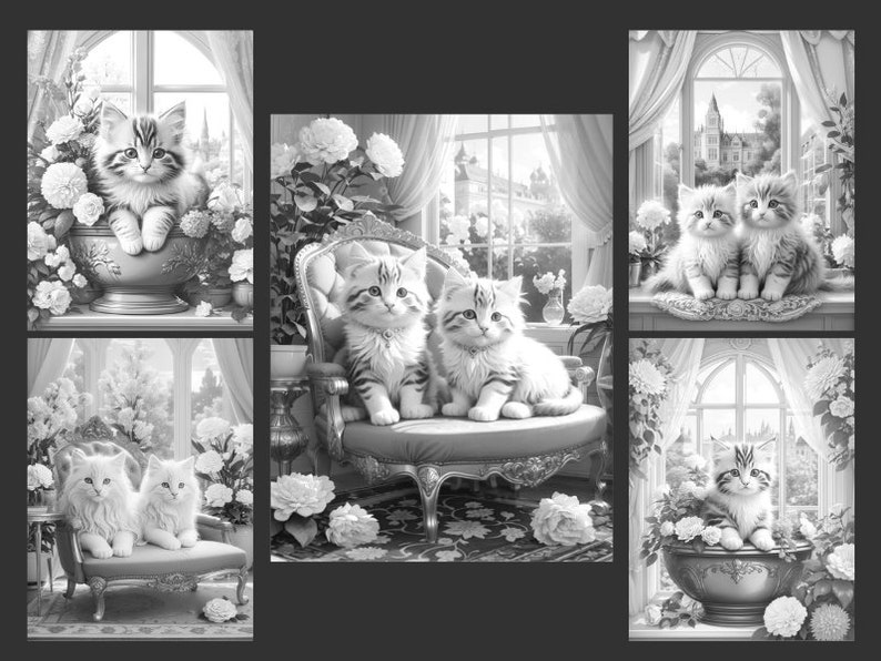 May include: A collage of five images featuring adorable kittens in various settings. The kittens are depicted in black and white, with some sitting in flower pots, on a chaise lounge, and in a regal armchair. The images are framed by windows with views of a lush garden and a distant castle.