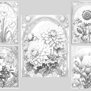 May include: A set of five black and white illustrations of different flowers in ornate frames. The flowers include a sunflower, a dahlia, a narcissus, a rose, and a carnation.