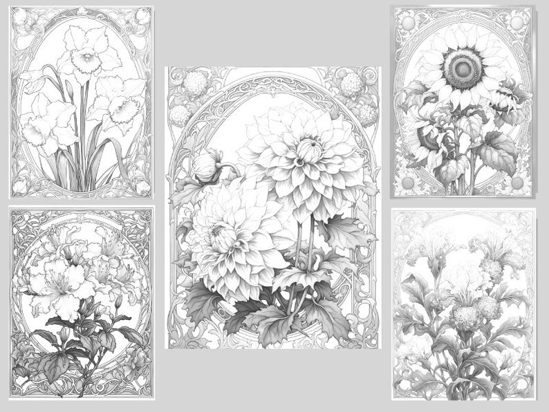 May include: A set of five black and white illustrations of different flowers in ornate frames. The flowers include a sunflower, a dahlia, a narcissus, a rose, and a carnation.