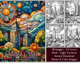40 Cityscape Coloring Pages, Quilted Cities Coloring Book, Printable PDF Fantasy Coloring Pages, Adult Grayscale Landscape Coloring