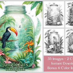 35 Jungle Animals Coloring Pages, Wild Animal Coloring Book, Grayscale Printable Jungle Jars Coloring PDF, Adults and Kids Fun Coloring Book.