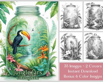 Tropical Jungle Animal Coloring Book: Grayscale Jars (Printable PDF)