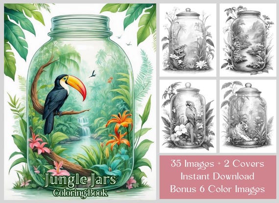 Tropical Jungle Animal Coloring Book: Grayscale Jars (Printable PDF)