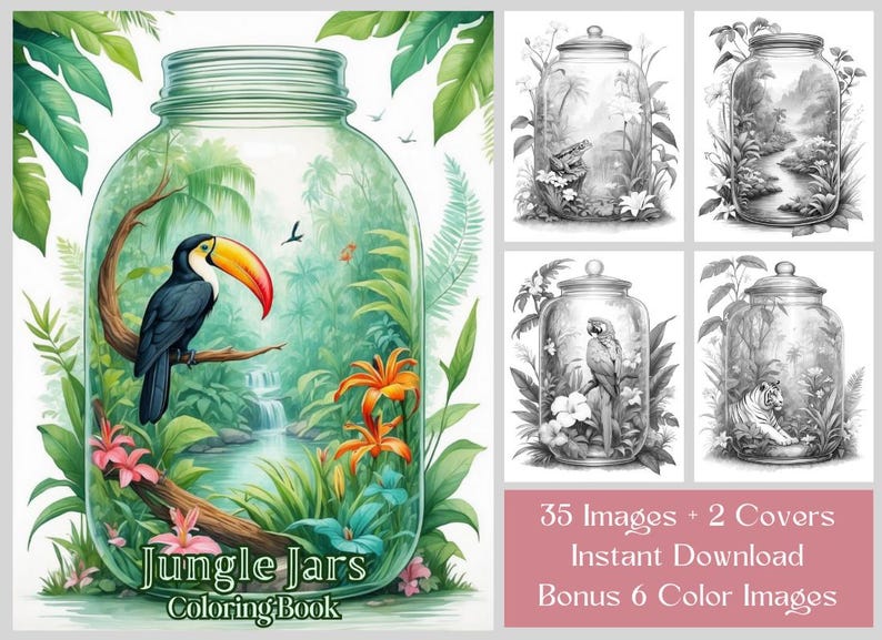 35 Jungle Animals Coloring Pages, Wild Animal Coloring Book, Grayscale Printable Jungle Jars Coloring PDF, Adults and Kids Fun Coloring Book.