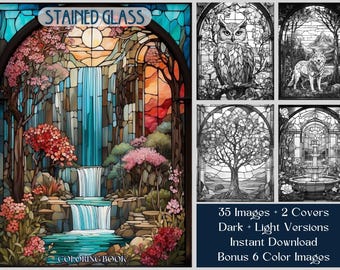 35 Stained Glass Coloring Book, Animals, Nature & Landscape Coloring Pages, Stained Glass Art Coloring Book For Adults, Grayscale Coloring