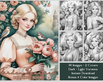 30 Frauen In Gärten Malseiten, Erwachsene Malbuch PDF, bedruckbar, Graustufen viktorianische Frauen Färbung, Florale Färbung