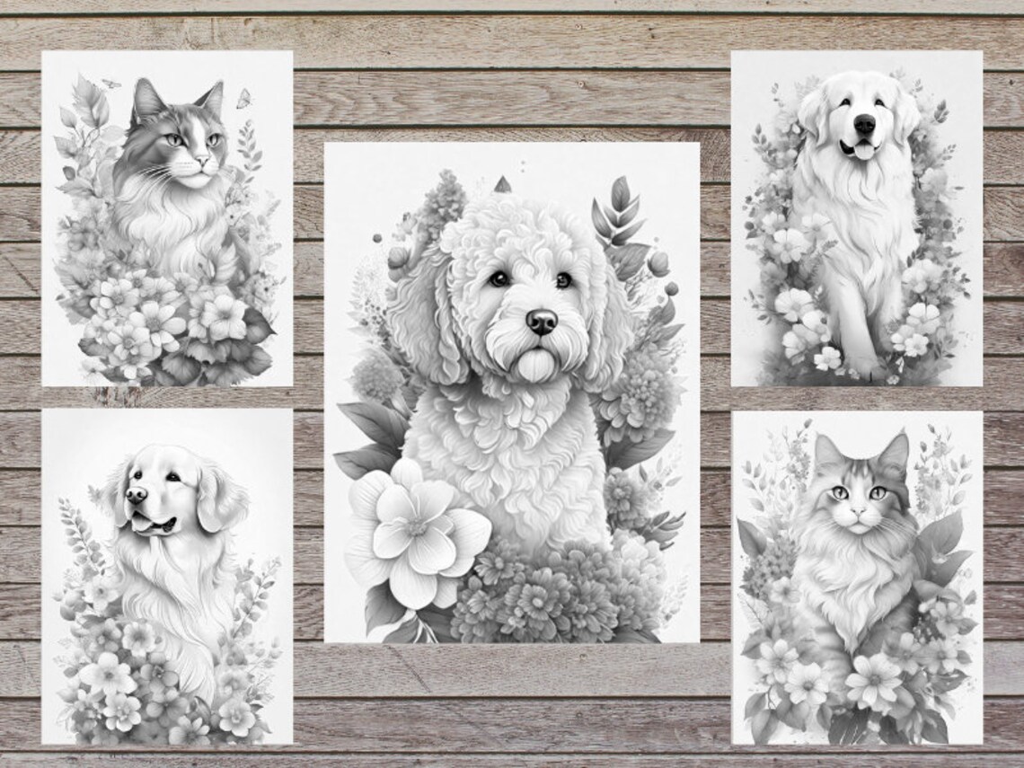 50 Cats and Dogs Coloring Book Adorable Dogs and Cats With Flowers