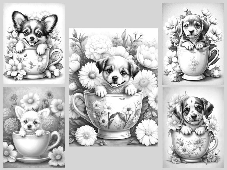 40 Teacup Puppies Coloring Pages Cute Puppies in Teacups Puppy Coloring Book Printable Grayscale ...