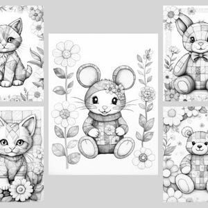 May include: Black and white line art illustrations of four different animals wearing patchwork clothing. The animals are a cat, a mouse, a bunny, and a bear. Each animal is surrounded by flowers.