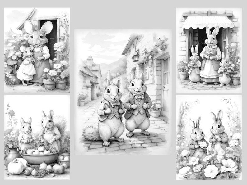 May include: Black and white illustration of a group of rabbits and squirrels in various settings. The rabbits are wearing clothing and are holding flowers and apples. The squirrels are wearing suits and bow ties. The illustrations are in a whimsical style.