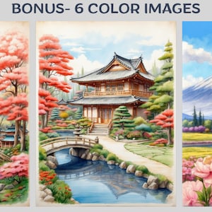 May include: Three watercolor paintings depicting Japanese scenes. The first painting shows a pagoda in a garden with a waterfall and a bridge. The second painting shows a traditional Japanese house with a bridge and a stream. The third painting shows Mount Fuji with a river and pink flowers.