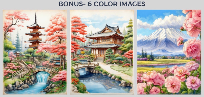 May include: Three watercolor paintings depicting Japanese scenes. The first painting shows a pagoda in a garden with a waterfall and a bridge. The second painting shows a traditional Japanese house with a bridge and a stream. The third painting shows Mount Fuji with a river and pink flowers.