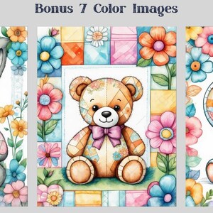 May include: Three patchwork stuffed animals: a bunny, a bear, and an elephant. Each animal is surrounded by colorful flowers and has a patchwork design with different colors and patterns.