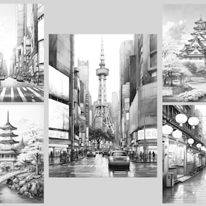May include: A black and white illustration of different scenes in Japan. The scenes include a city street with a tall tower, a traditional Japanese garden with a castle, a pagoda in a forest, and a street lined with lanterns.