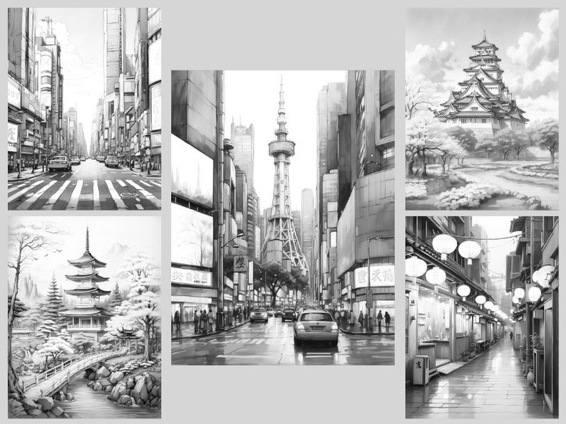 May include: A black and white illustration of different scenes in Japan. The scenes include a city street with a tall tower, a traditional Japanese garden with a castle, a pagoda in a forest, and a street lined with lanterns.