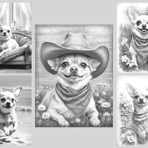 May include: A set of five black and white illustrations featuring a chihuahua dog in different settings. The chihuahua is wearing a bandana in each image. The first image shows the chihuahua sitting on a bed. The second image shows the chihuahua wearing a cowboy hat. The third image shows the chihuahua standing in a field of flowers. The fourth image shows the chihuahua running on a beach. The fifth image shows the chihuahua sitting in front of a house.