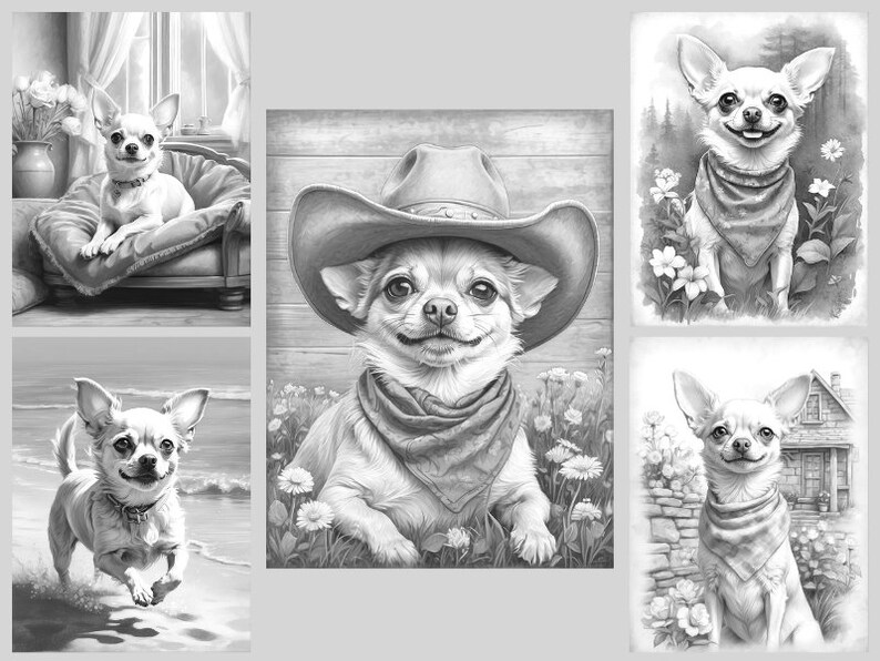 May include: A set of five black and white illustrations featuring a chihuahua dog in different settings. The chihuahua is wearing a bandana in each image. The first image shows the chihuahua sitting on a bed. The second image shows the chihuahua wearing a cowboy hat. The third image shows the chihuahua standing in a field of flowers. The fourth image shows the chihuahua running on a beach. The fifth image shows the chihuahua sitting in front of a house.