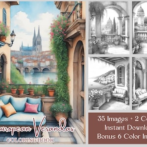 Op de afbeelding: Een kleurboekomslag met een Europese veranda met een blauwe bank en bloemmotieven. De achtergrond toont een stadsbeeld met een kathedraal en een rivier. De tekst op de omslag luidt "European Verandas Coloring Book".