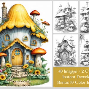 40 Fairy Homes Coloring Pages, Fairy Mushroom Houses Fantasy Coloring Book, Printable Grayscale Fairy House Coloring For Adults & Kids
