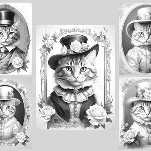 May include: Five black and white illustrations of cats wearing hats and clothing. Each cat is framed in an oval with floral accents. The cats are wearing top hats, bonnets, and other Victorian-era clothing.