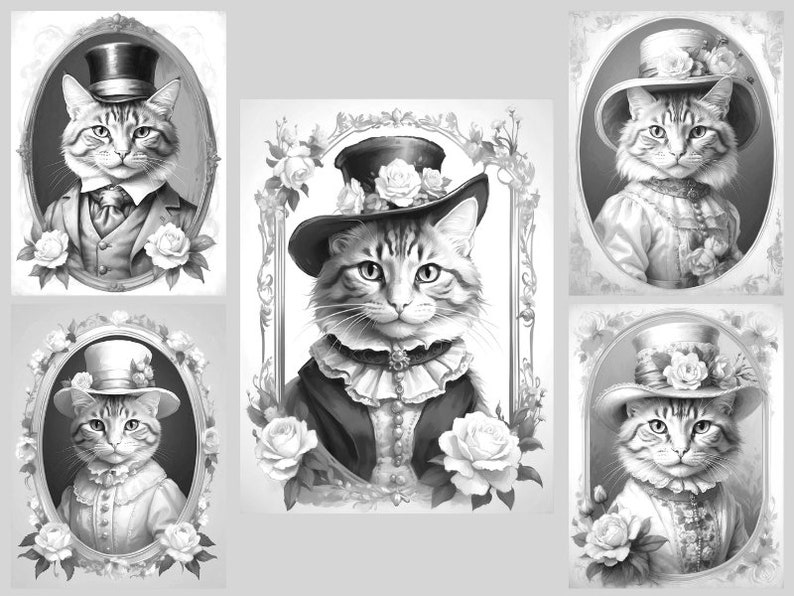 May include: Five black and white illustrations of cats wearing hats and clothing. Each cat is framed in an oval with floral accents. The cats are wearing top hats, bonnets, and other Victorian-era clothing.