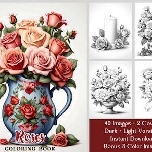 40 Vintage Roses Coloring Book for Adults and Kids - Grayscale Boho Floral Coloring Pages - Printable Flower Coloring Book