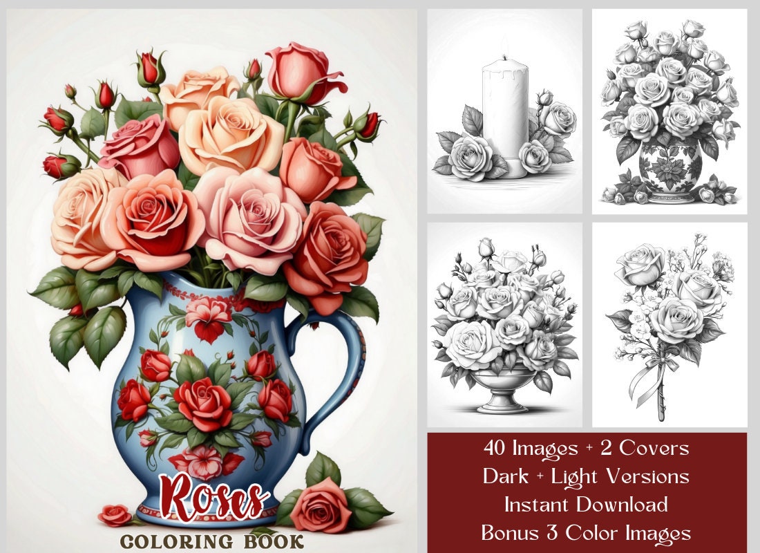 40 Rosas Vintage – Libro para Colorear para Adultos y Niños – Páginas Florales Boho en Escala de Grises para Imprimir