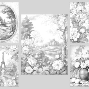 May include: A set of five black and white illustrations featuring different scenes. The first image shows a small house in a rural setting. The second image shows a castle in the distance with a tree in the foreground. The third image shows the Eiffel Tower in Paris. The fourth image shows a bouquet of flowers in a vase. The fifth image shows a floral pattern.