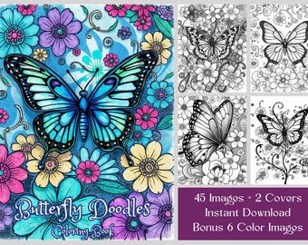Butterfly Coloring Book: 45 Sketchbook Style Grayscale Pages, Printable PDF