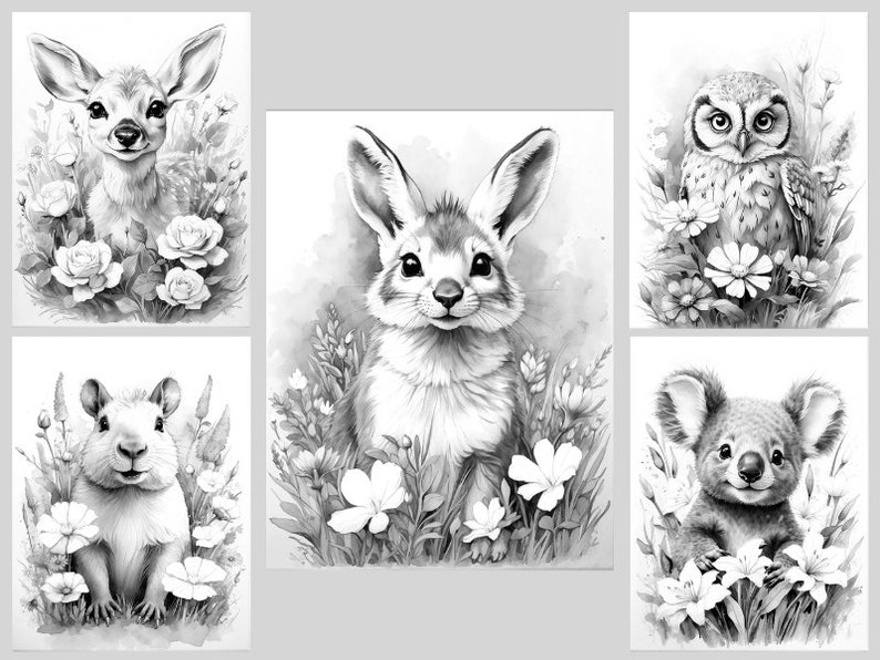 May include: Five black and white illustrations of animals in a garden setting. A deer, a rabbit, an owl, a rodent, and a koala are each depicted in a separate image. Each animal is surrounded by flowers and foliage.