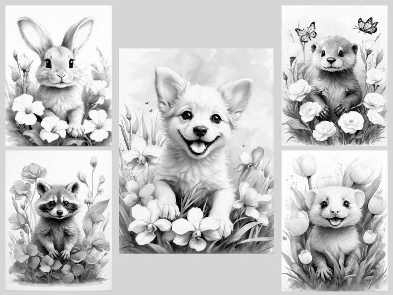 Baby Animals Coloring Book: 30 Grayscale Coloring Pages, Printable PDF, Digital Download image 9