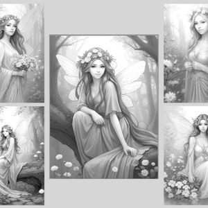 以下が含まれることがあります： 羽根、花、森の背景を持つ4人の妖精を描いたデジタル塗り絵。各妖精はドレスを着ていて、長い髪をしています。
