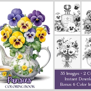 35 Stiefmütterchen Malseiten, Botanisches Malbuch, Graustufen Boho Blumen Malseiten, printable PDF, Blumen Malbuch für Erwachsene