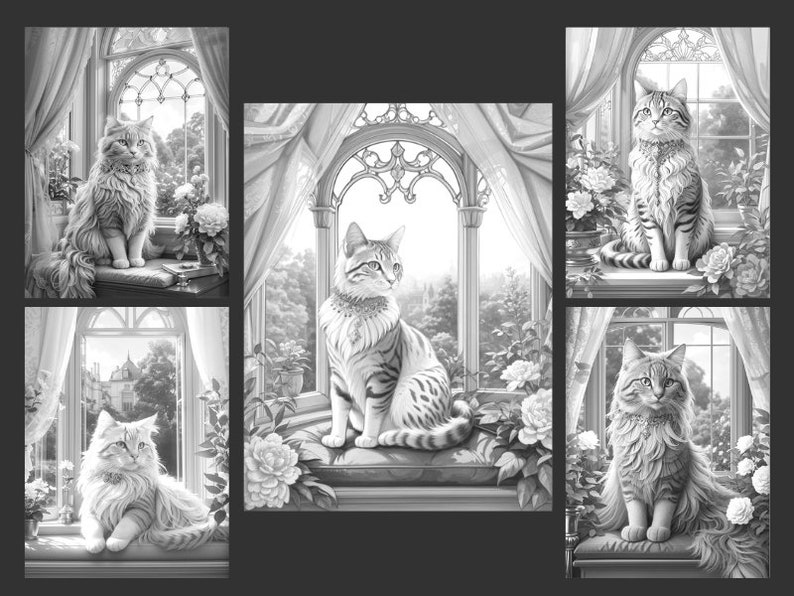 May include: A black and white illustration of four cats sitting in windows. Each cat is looking out the window. The windows are arched and have ornate frames. The cats are all different breeds and have different expressions.