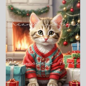 May include: A brown tabby kitten wearing a red and teal patterned cardigan with buttons, sitting in front of a fireplace and a Christmas tree with ornaments and wrapped gift boxes. The text Dreamscape Pages is overlaid on the image.