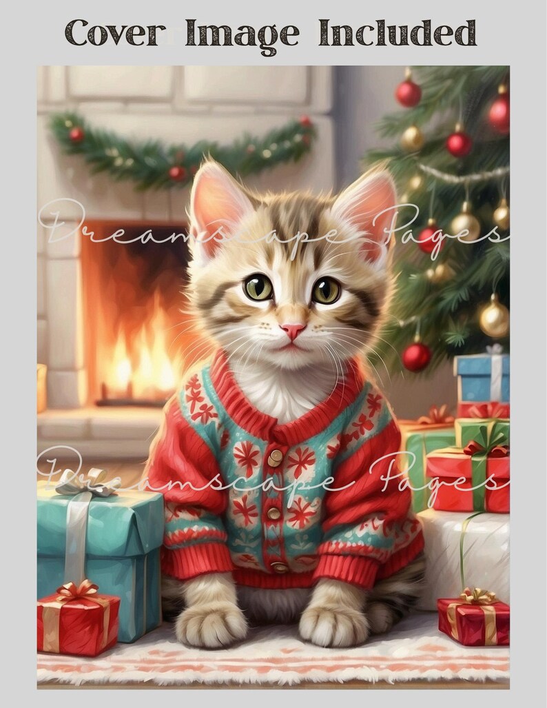 May include: A brown tabby kitten wearing a red and teal patterned cardigan with buttons, sitting in front of a fireplace and a Christmas tree with ornaments and wrapped gift boxes. The text Dreamscape Pages is overlaid on the image.