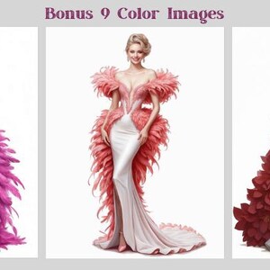 50 Fantasy Gowns Coloring Pages, Women In Elegant Dresses Coloring Book PDF, Grayscale Printable Dress Coloring, Feathered & Floral Gowns image 3