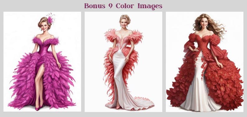50 Fantasy Gowns Coloring Pages, Women In Elegant Dresses Coloring Book PDF, Grayscale Printable Dress Coloring, Feathered & Floral Gowns image 3