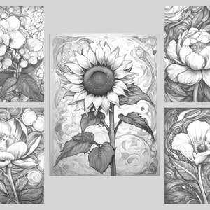 May include: A set of six black and white illustrations of various flowers, including a sunflower, a peony, and a hydrangea. The flowers are drawn in a realistic style with intricate details.