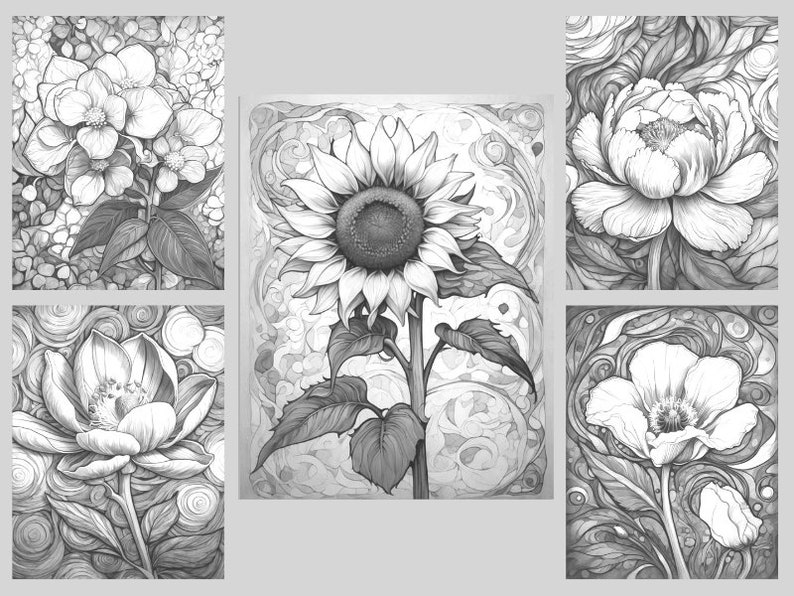 May include: A set of six black and white illustrations of various flowers, including a sunflower, a peony, and a hydrangea. The flowers are drawn in a realistic style with intricate details.