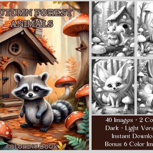 40 Animal Coloring Pages, Autumn Forest Animals Grayscale Printable Coloring Book For Adults Or Kids, Cute Chibi Forest Animals & Cottages