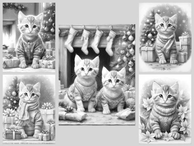 May include: A collection of five black and white illustrations featuring kittens in various holiday settings. The kittens are depicted wearing knitted sweaters and scarves, surrounded by Christmas trees, wrapped gifts, and stockings.