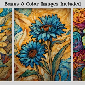 May include: Three digital art prints featuring colorful floral designs. The first print features a yellow sunflower with blue and green leaves. The second print features two blue sunflowers with yellow and green leaves. The third print features a cluster of blue and yellow flowers with green leaves.