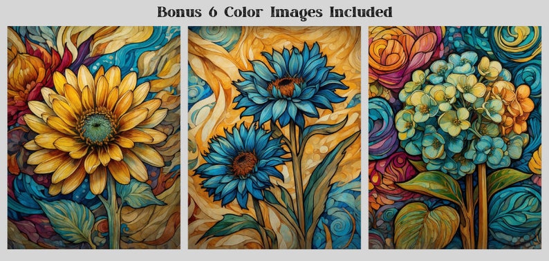 May include: Three digital art prints featuring colorful floral designs. The first print features a yellow sunflower with blue and green leaves. The second print features two blue sunflowers with yellow and green leaves. The third print features a cluster of blue and yellow flowers with green leaves.