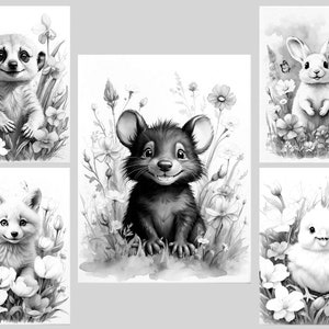 May include: Five black and white illustrations of animals in a field of flowers. The animals are a meerkat, a mouse, a rabbit, a fox, and a chick.